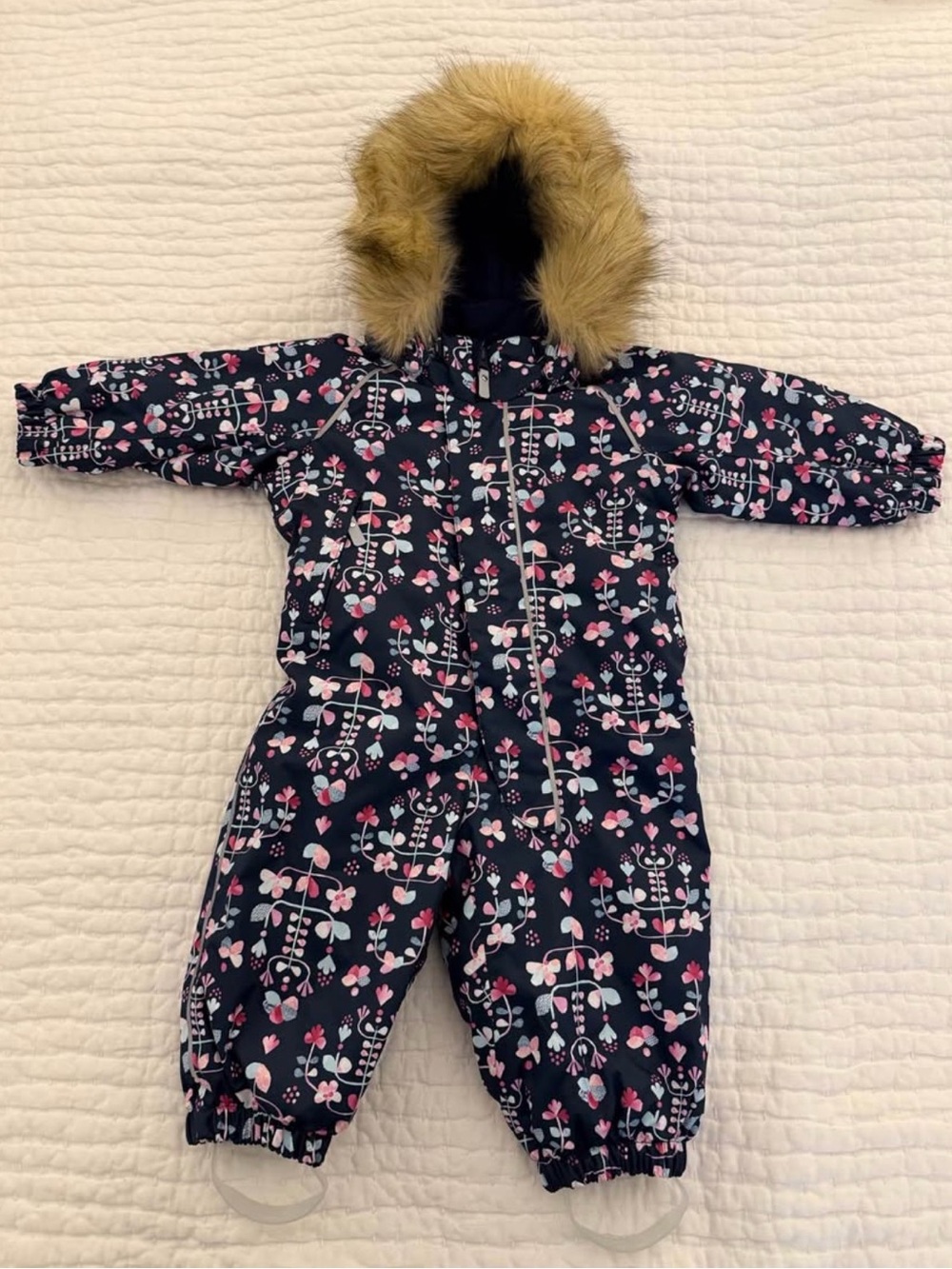 Reima Navy Floral Kids One-Piece Snowsuit with Faux Fur Hood - 9-12 month (74cm)